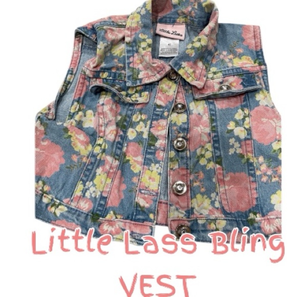Little Lass Pink & Blue Floral Denim Jean Vest Toddler 4T Like New W Rhinestones